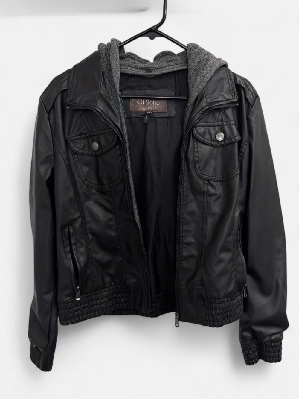 Ci Sono Black Faux Leather Bomber Jacket with Gray Knit Hood